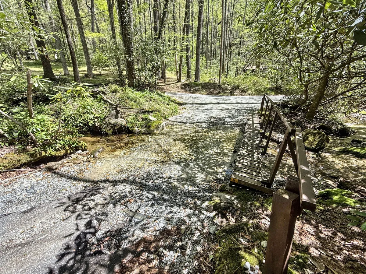 This image features a charming wooden bridge crossing over a gentle stream, surrounded by lush trees and natural foliage. A pathway leads into the greenery, inviting exploration and quiet moments by the water. The setting is tranquil, evoking the experience of hiking and connecting with nature.
